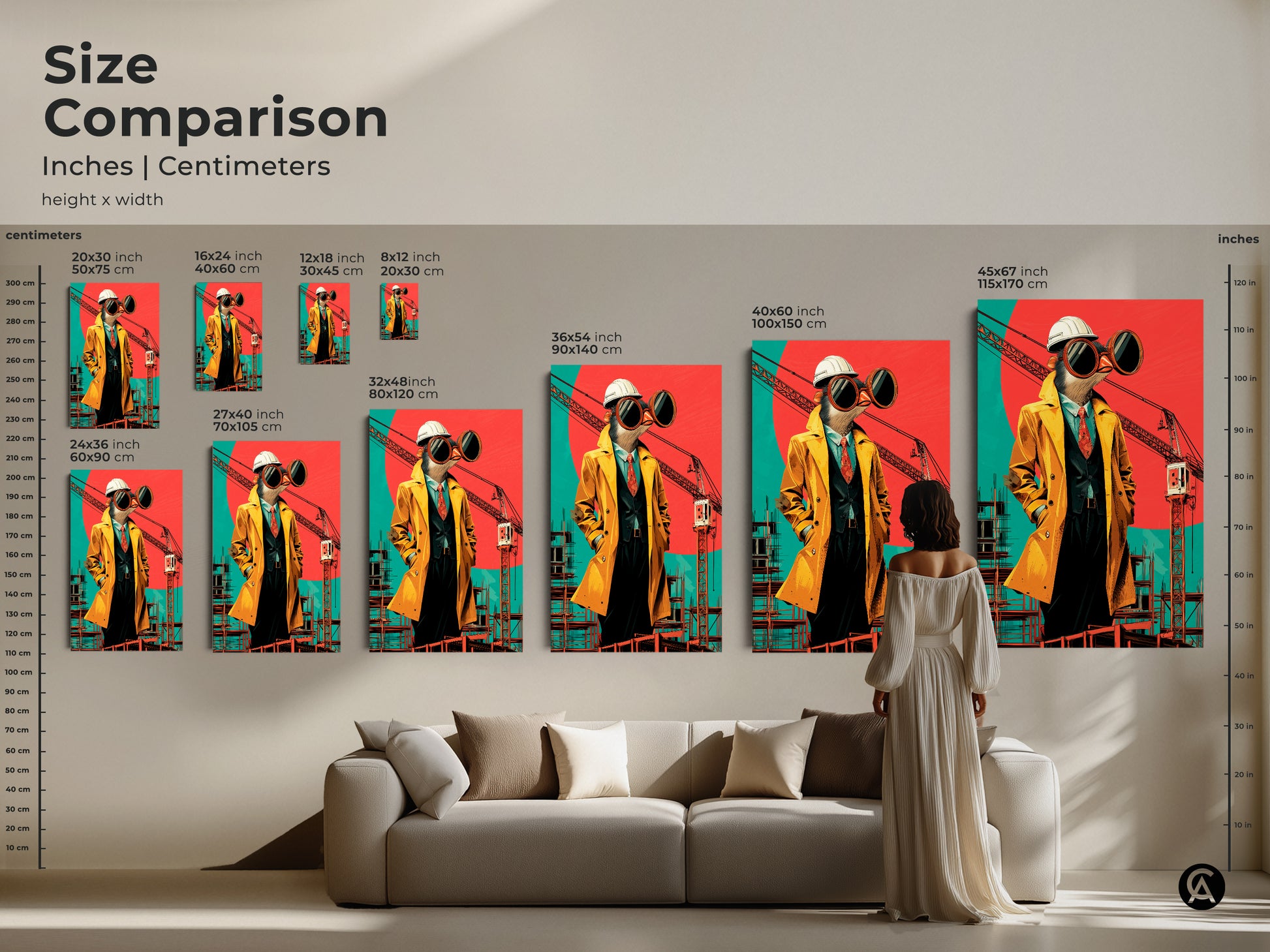 Size comparison of surrealist bird architect prints on canvas. See how the pop art construction wall art looks in various sizes. Find the perfect size for modern office canvas art.