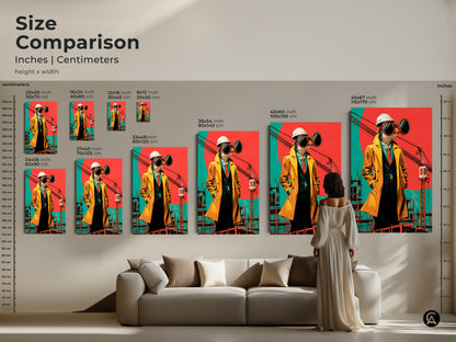 Size comparison of surrealist bird architect prints on canvas. See how the pop art construction wall art looks in various sizes. Find the perfect size for modern office canvas art.