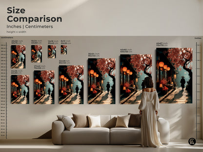 Compare the size options for this Japanese street scene artwork. See how the samurai and cherry blossom canvas fits within different room settings. Perfect for creating a cozy home decor art atmosphere. The warm orange and deep brown tones enhance any space with oriental charm. Select the perfect size for your Japandi decor.