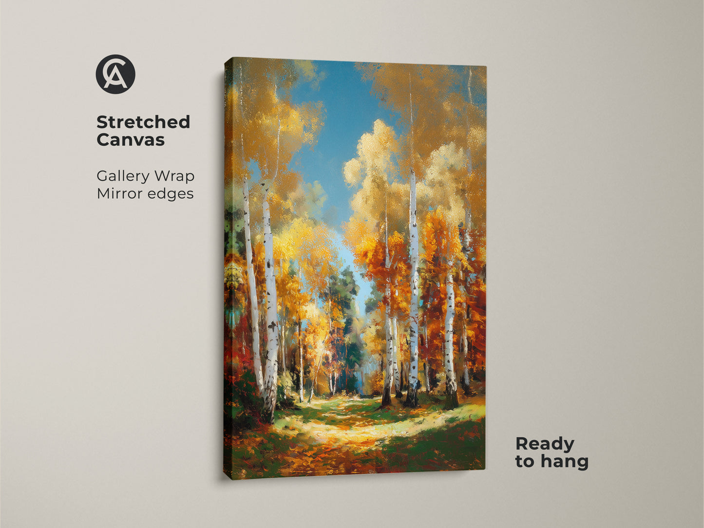 Stretched canvas artwork of a birch tree forest in autumn. The gallery wrapped canvas has mirror edges. This wall decor is ready to hang. A perfect fine art for any home