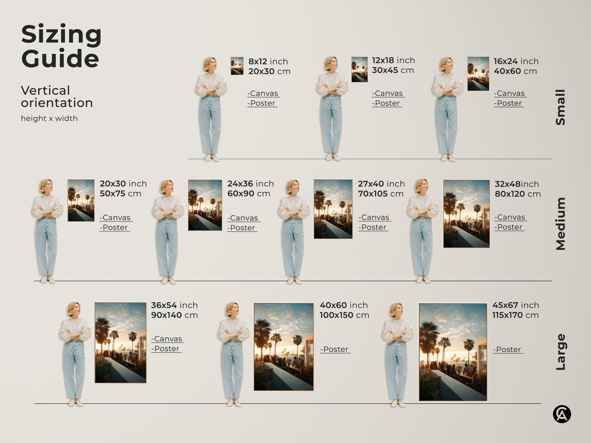 Sizing guide for vertical artwork. Available in small medium and large sizes. The guide shows art of a rooftop bar at sunset. Find the perfect fit for your space. Enhance your home with the ideal art piece.