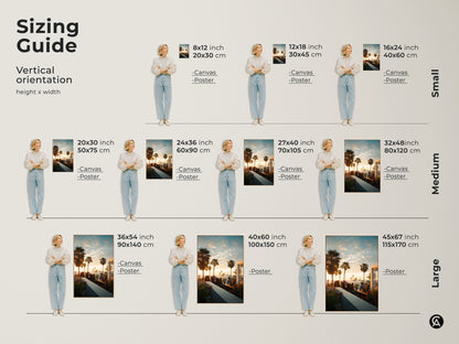 Sizing guide for vertical artwork. Available in small medium and large sizes. The guide shows art of a rooftop bar at sunset. Find the perfect fit for your space. Enhance your home with the ideal art piece.