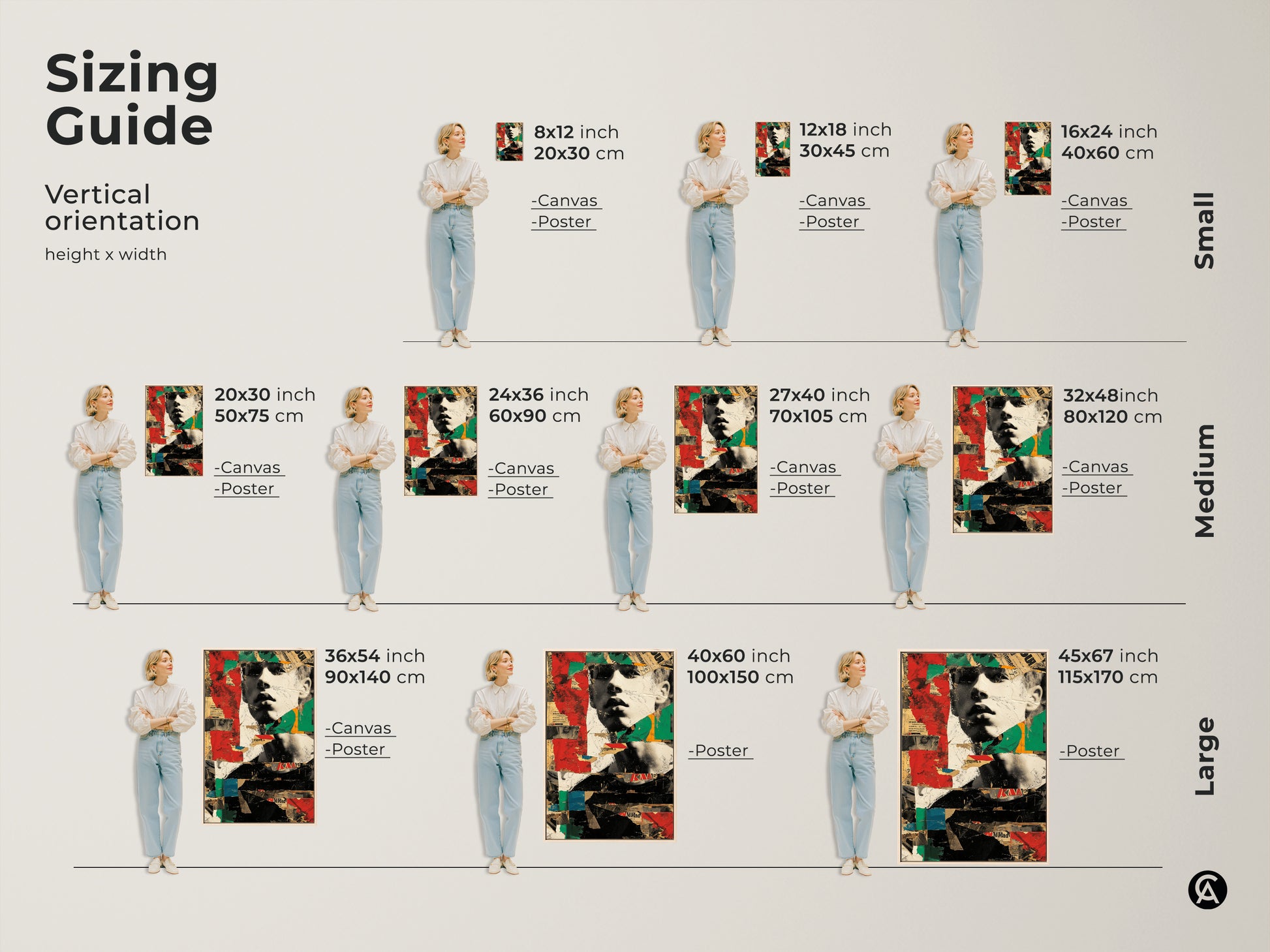 Sizing guide for eclectic man portrait art prints. This urban collage wall art comes in various sizes. Find the perfect fit for your space from small to large canvas or poster.