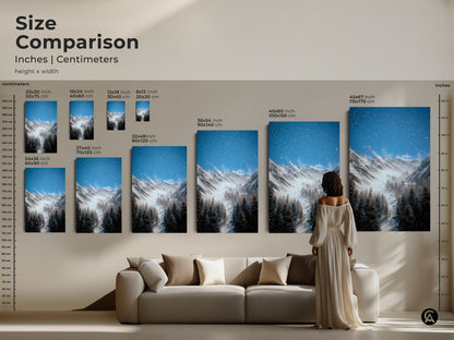 Compare sizes of the winter mountain canvas and poster prints in inches and centimeters. Visualize the rustic landscape artwork in a living room setting. See how the snow covered pine forest artwork fits above a sofa. Find the ideal size for your blue gray nature decor. High resolution nature prints are perfect for any space.