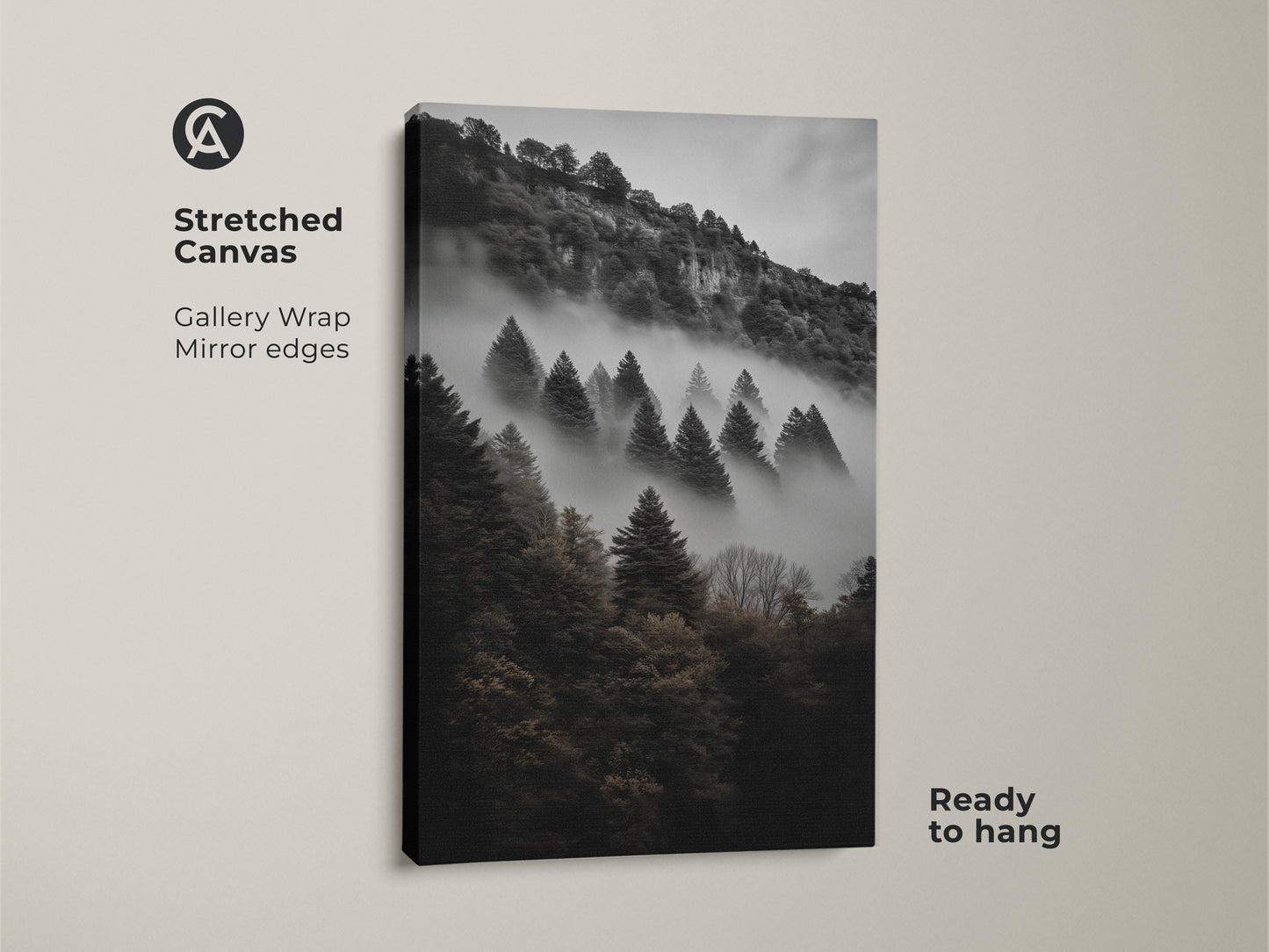 Stretched canvas art featuring a dark green forest. Gallery wrapped with mirror edges this monochrome mountain wall art shows pine trees in a foggy landscape. Ready to hang modern nature art. An atmospheric forest canvas perfect as residential wall art.
