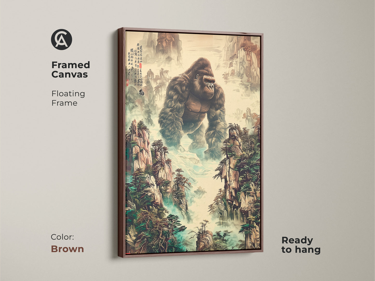 This framed canvas features a floating frame. The traditional Chinese art print has a gorilla in a mountain landscape. It is ready to hang in a brown frame. The wildlife enthusiast gift displays earth tones and deep greens. It is unique animal artwork.