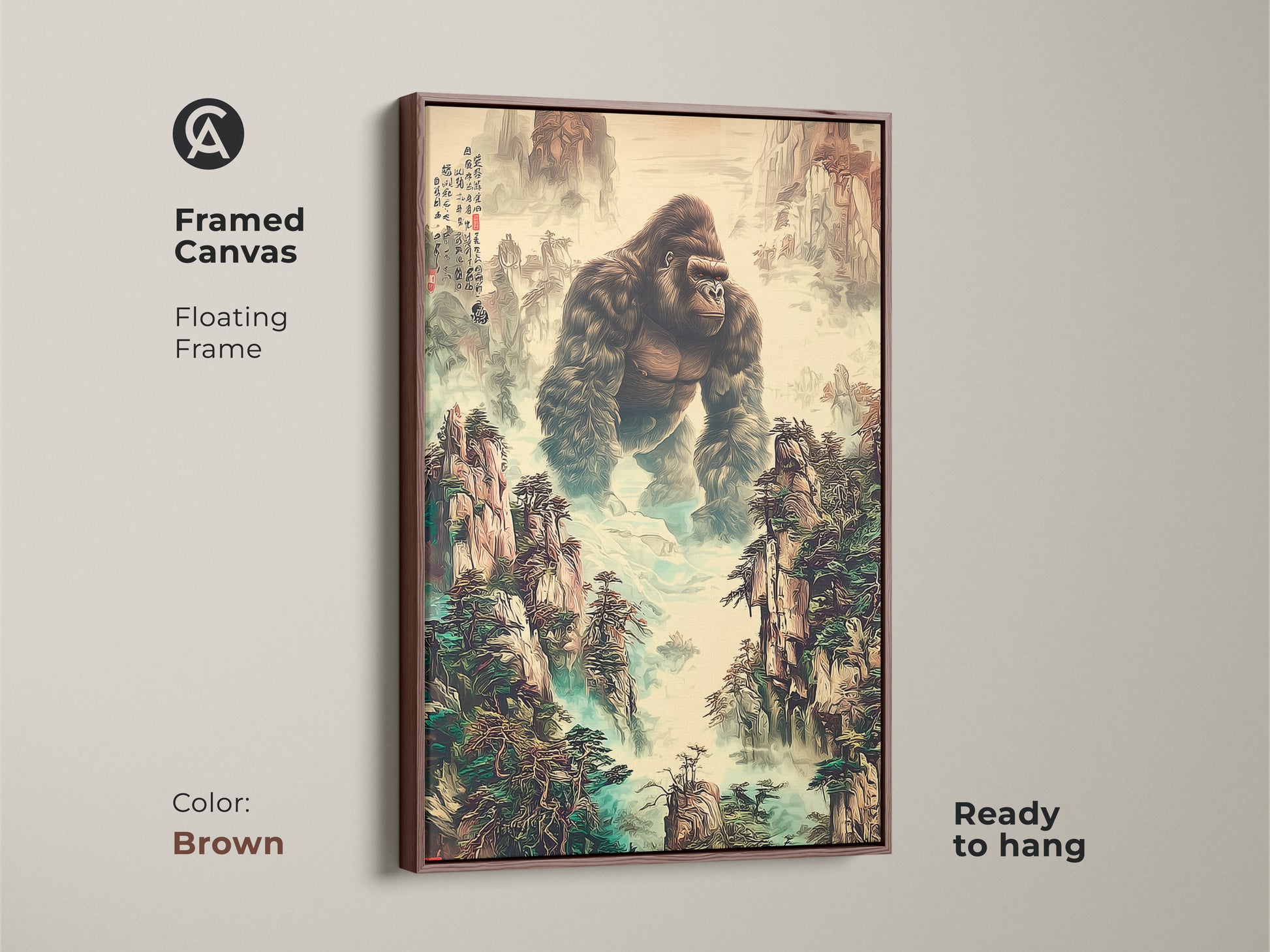 This framed canvas features a floating frame. The traditional Chinese art print has a gorilla in a mountain landscape. It is ready to hang in a brown frame. The wildlife enthusiast gift displays earth tones and deep greens. It is unique animal artwork.