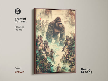 This framed canvas features a floating frame. The traditional Chinese art print has a gorilla in a mountain landscape. It is ready to hang in a brown frame. The wildlife enthusiast gift displays earth tones and deep greens. It is unique animal artwork.