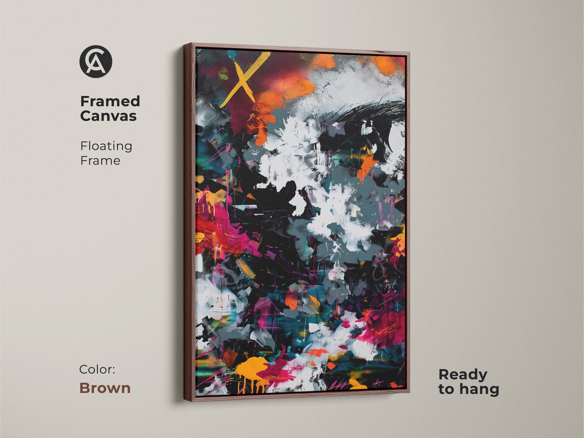 Framed canvas with a brown floating frame displaying abstract art. The warm tones of the frame complement the vibrant colors in the artwork. Ready to hang this piece offers a seamless way to elevate your decor. Bring contemporary style to your space with this framed art