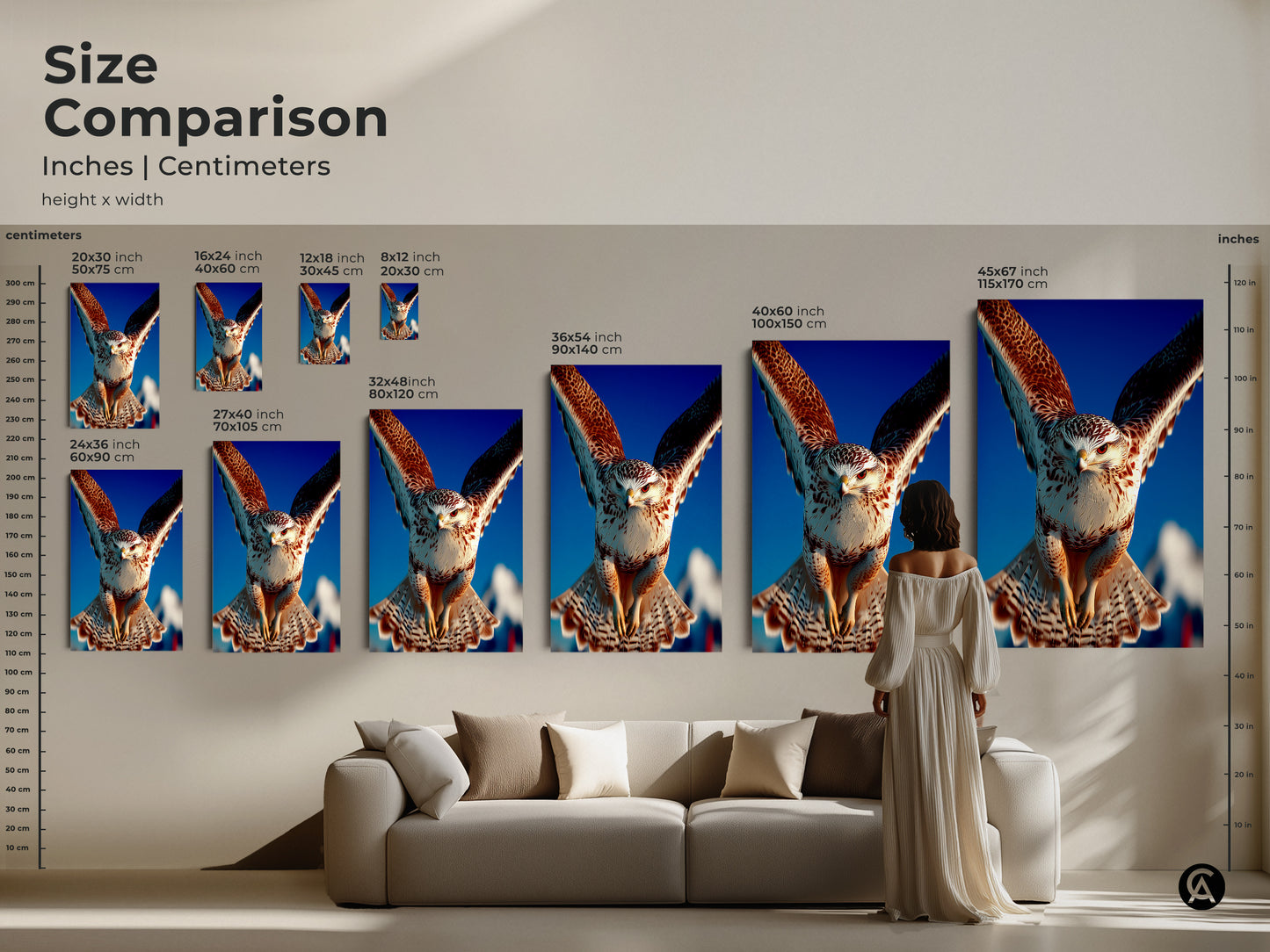 Compare sizes of our falcon wall art to transform your space. This realistic bird of prey art fits seamlessly above a sofa. Choose the perfect size for your office desk decor or study room wall art. Create a captivating nature-inspired display.