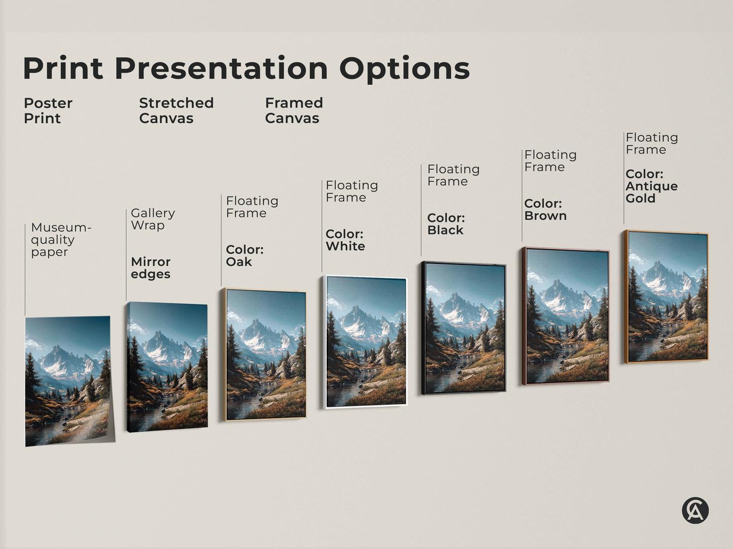 Explore print presentation options for mountain landscape art. Choose from poster prints stretched canvas and framed canvas. Find the perfect style to match your decor. Options include gallery wrap and floating frames. Select your favorite mountain art today.