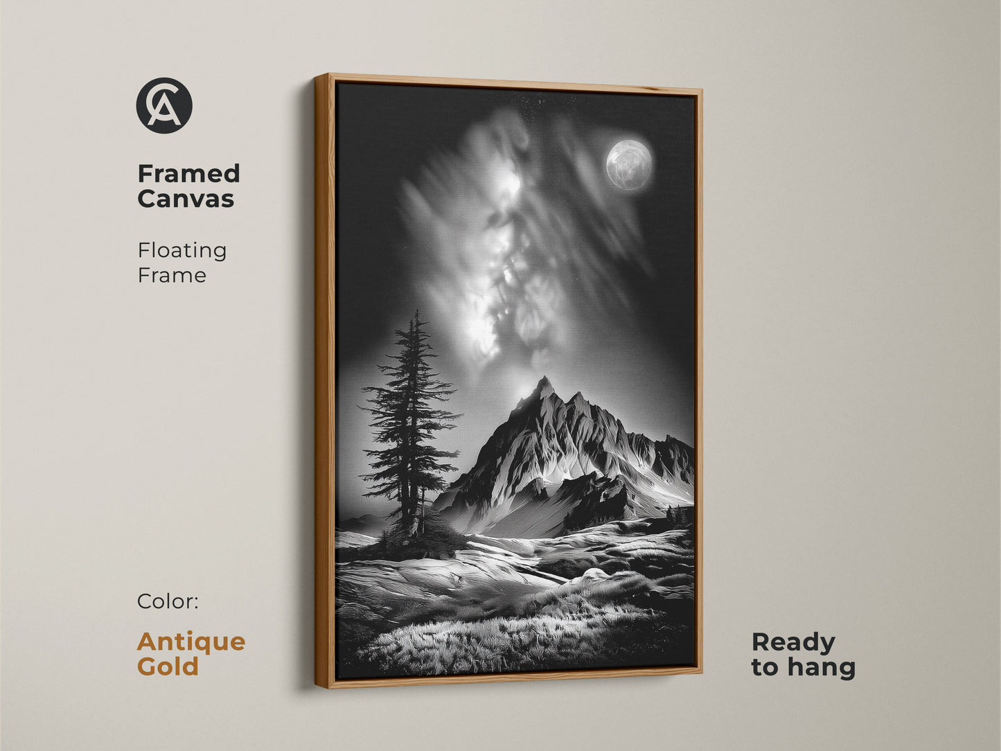 An antique gold framed canvas presents monochrome mountain art. This floating frame highlights a black and white landscape with a moonlit pine tree. Contemporary nature artwork ready to hang.