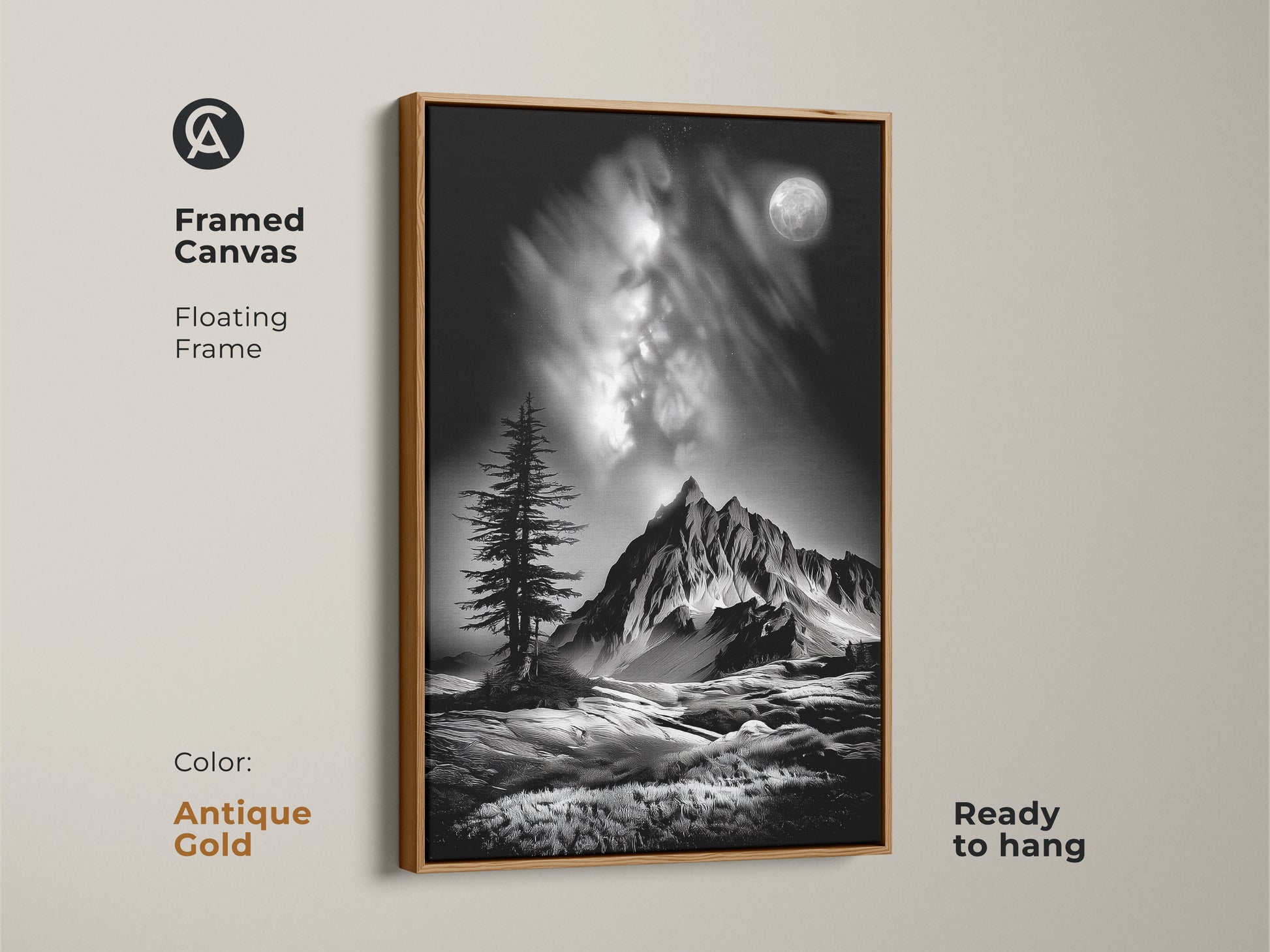 An antique gold framed canvas presents monochrome mountain art. This floating frame highlights a black and white landscape with a moonlit pine tree. Contemporary nature artwork ready to hang.