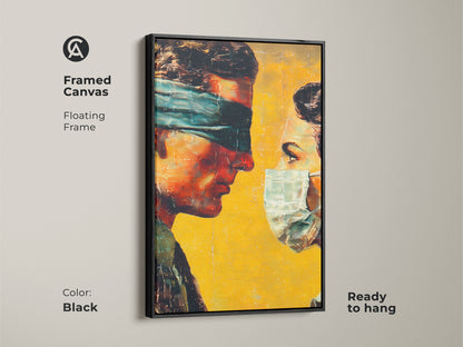 Framed canvas art with a floating frame. The artwork features a man and woman. The man is blindfolded while the woman wears a mask. The frame is black. This ready to hang canvas adds a gallery touch to your home decor.