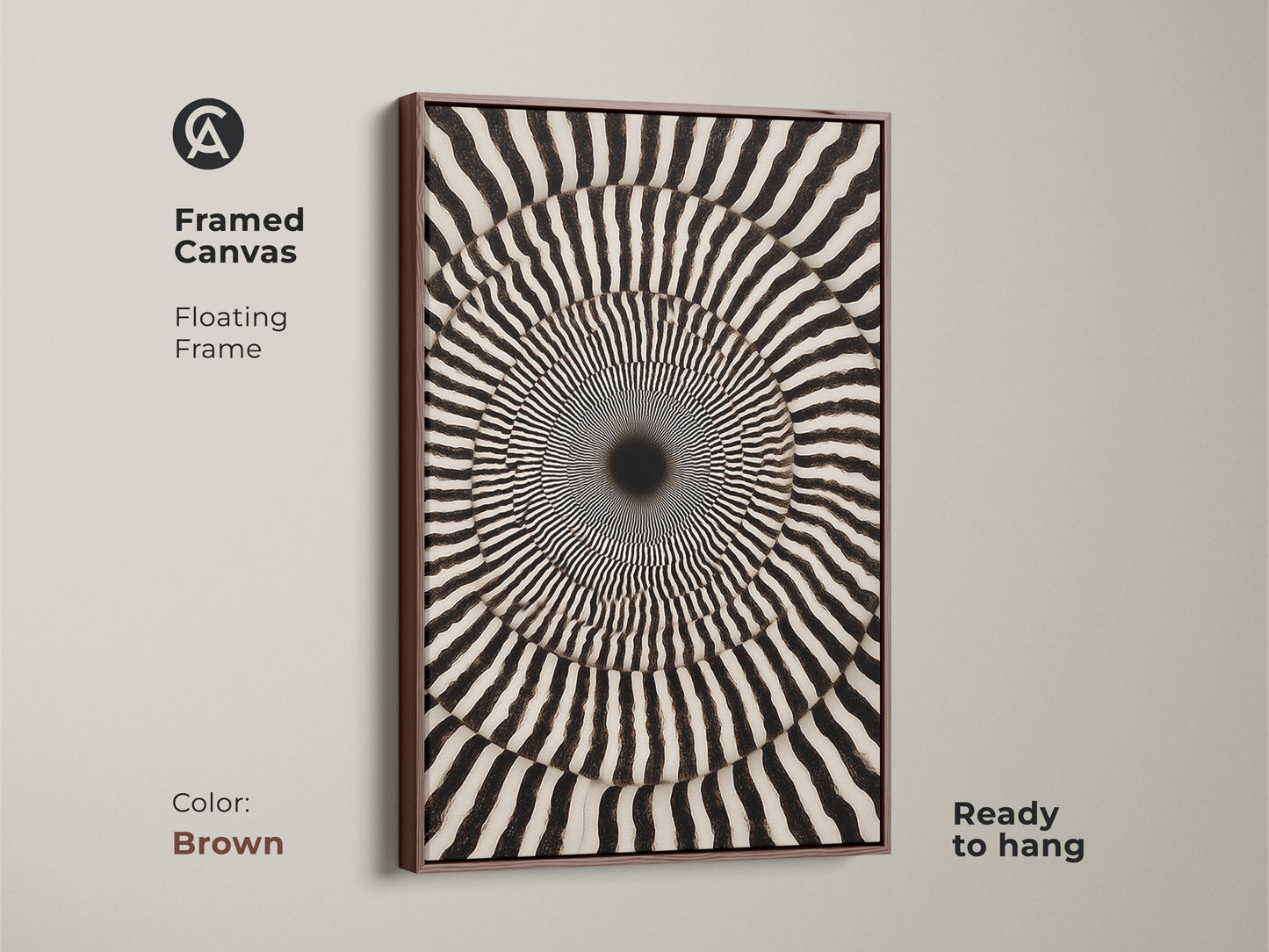 Framed Canvas showcasing Abstract Geometric Wall Art. Its Op Art Concentric Circles form a Psychedelic Swirl. The monochrome den decor is ready to hang. The brown floating frame enhances the contemporary wall hanging.