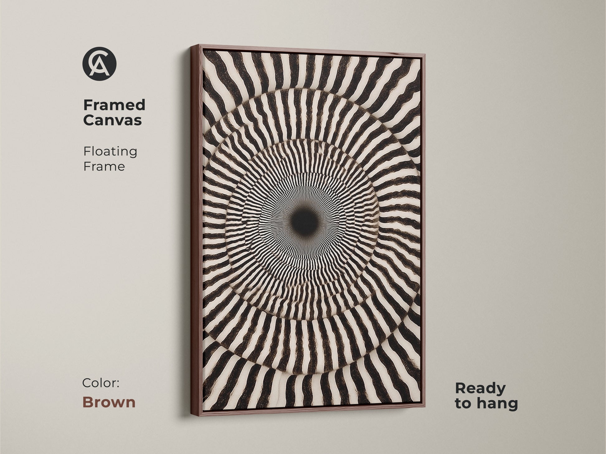 Framed Canvas showcasing Abstract Geometric Wall Art. Its Op Art Concentric Circles form a Psychedelic Swirl. The monochrome den decor is ready to hang. The brown floating frame enhances the contemporary wall hanging.