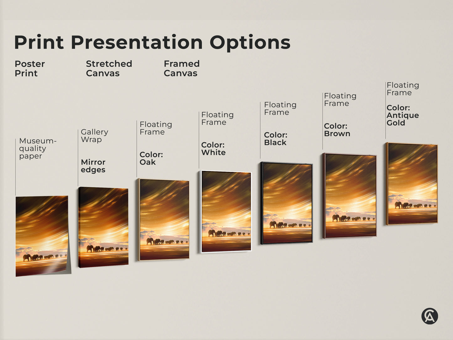 Explore print options for savanna sunset elephant art. Choose poster prints or stretched canvas with gallery wrap. Framed canvas available in oak white black brown antique gold. Find the perfect wall art today.