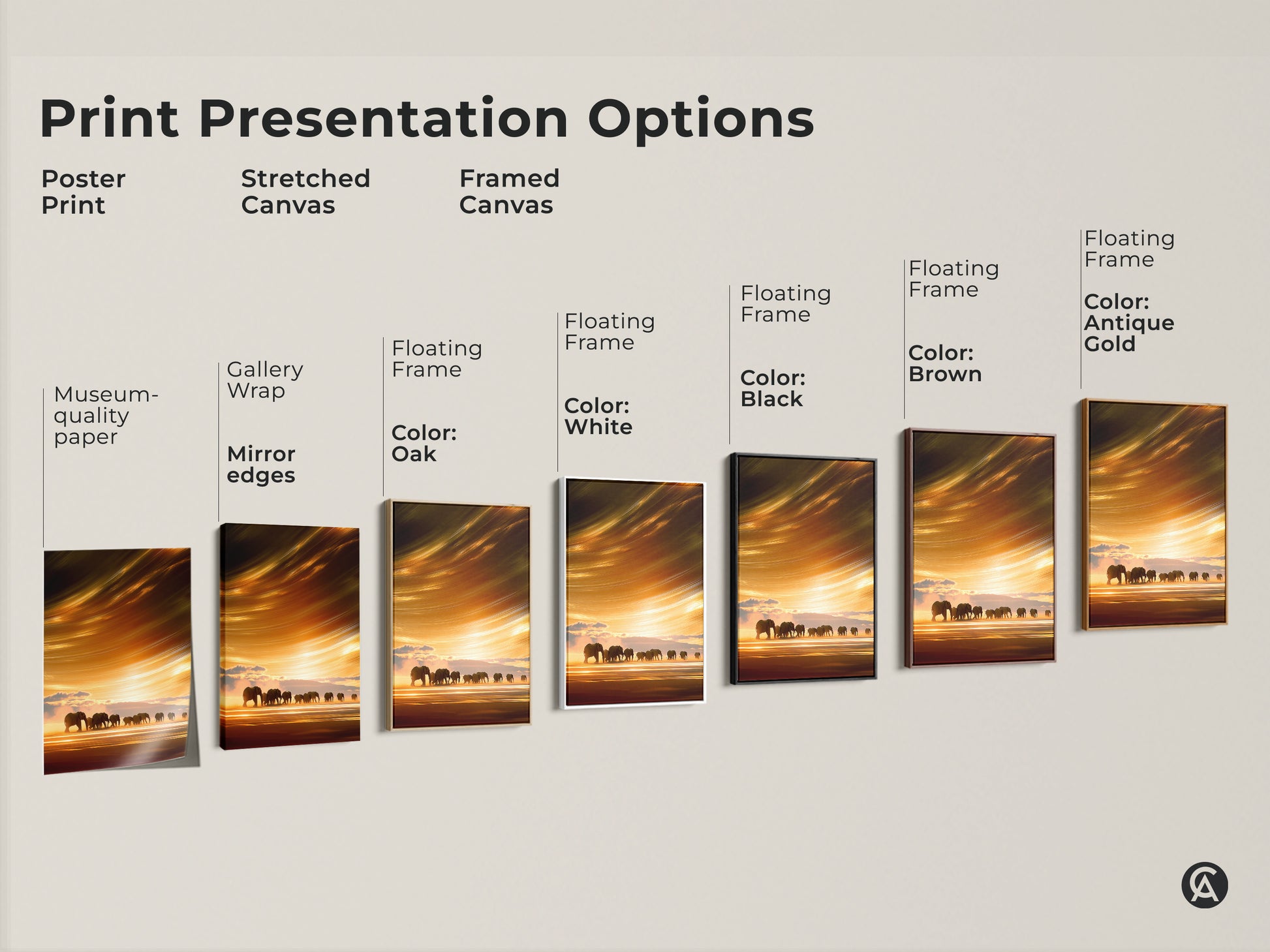 Explore print options for savanna sunset elephant art. Choose poster prints or stretched canvas with gallery wrap. Framed canvas available in oak white black brown antique gold. Find the perfect wall art today.