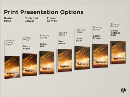 Explore print options for savanna sunset elephant art. Choose poster prints or stretched canvas with gallery wrap. Framed canvas available in oak white black brown antique gold. Find the perfect wall art today.