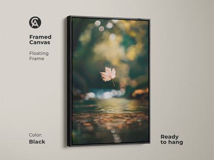 Add sophistication to your walls with this framed canvas artwork in black. The floating frame enhances the beauty of this autumn leaf scene. Ready to hang this piece brings a touch of nature indoors. Get this framed fine art to elevate your decor.