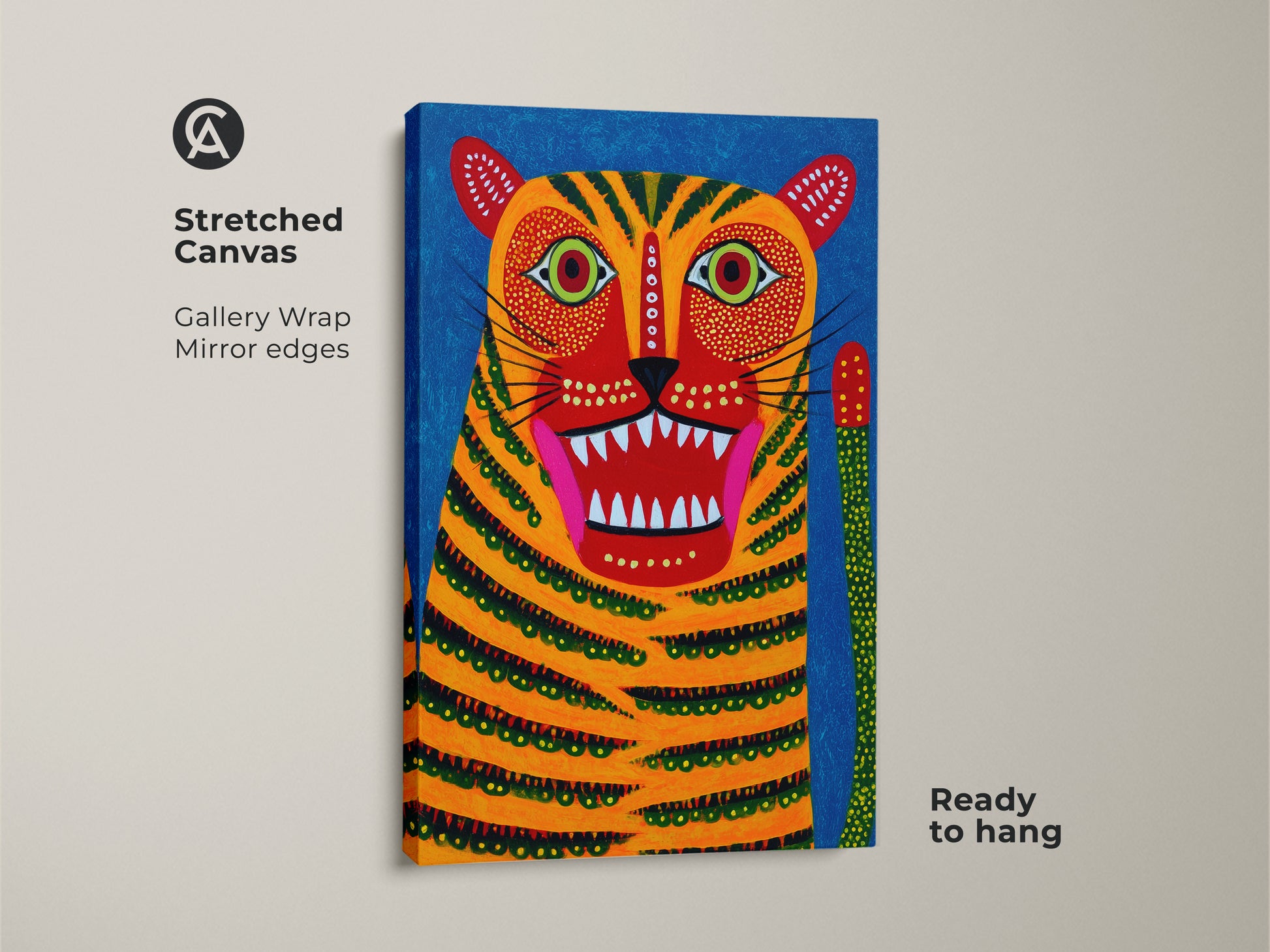 This abstract animal wall art features a folk style tiger. The stretched canvas showcases gallery wrapped mirror edges. This colorful wildlife art is ready to hang. The bright blue background makes the red and orange tiger stand out adding a unique touch to any room.