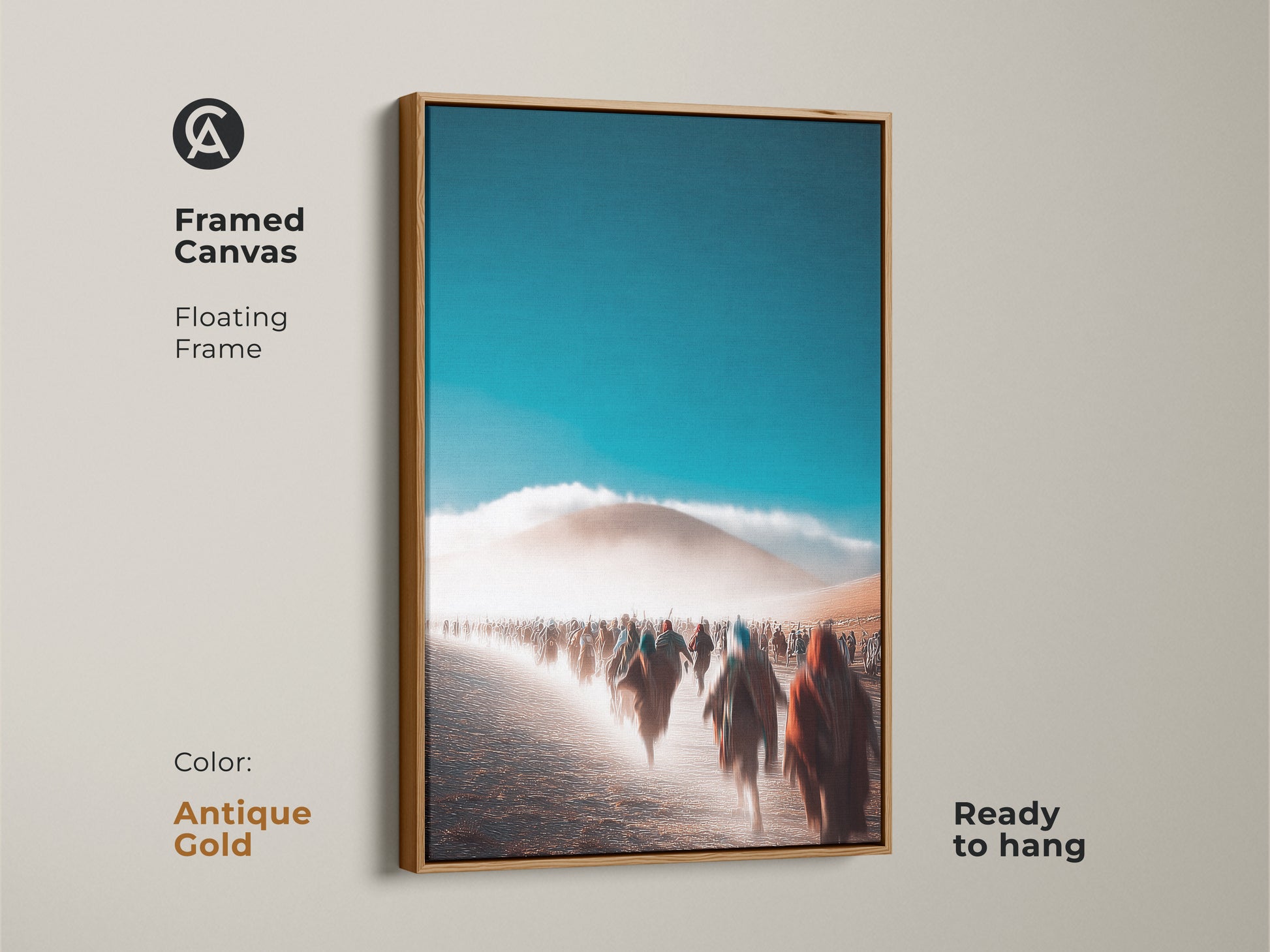 Framed canvas with a floating frame displays an abstract desert landscape. Antique gold frame provides a touch of elegance. Teal and orange tones create a striking visual. Ready to hang for easy setup. Contemporary home decor enhances the living room. A unique wall hanging art piece.