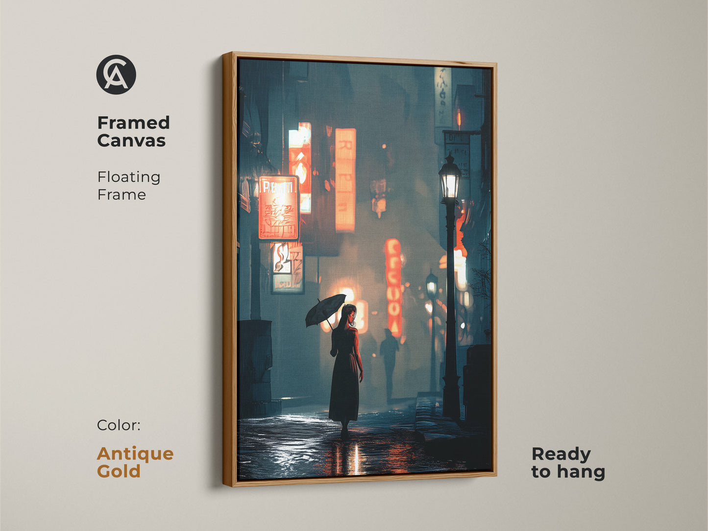Framed canvas art featuring a woman with an umbrella in a neon city. The floating frame is antique gold. This unique wall hanging is ready to hang. The deep blue and orange hues create a contemporary aesthetic. Perfect for office wall art decor.