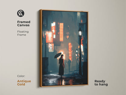 Framed canvas art featuring a woman with an umbrella in a neon city. The floating frame is antique gold. This unique wall hanging is ready to hang. The deep blue and orange hues create a contemporary aesthetic. Perfect for office wall art decor.