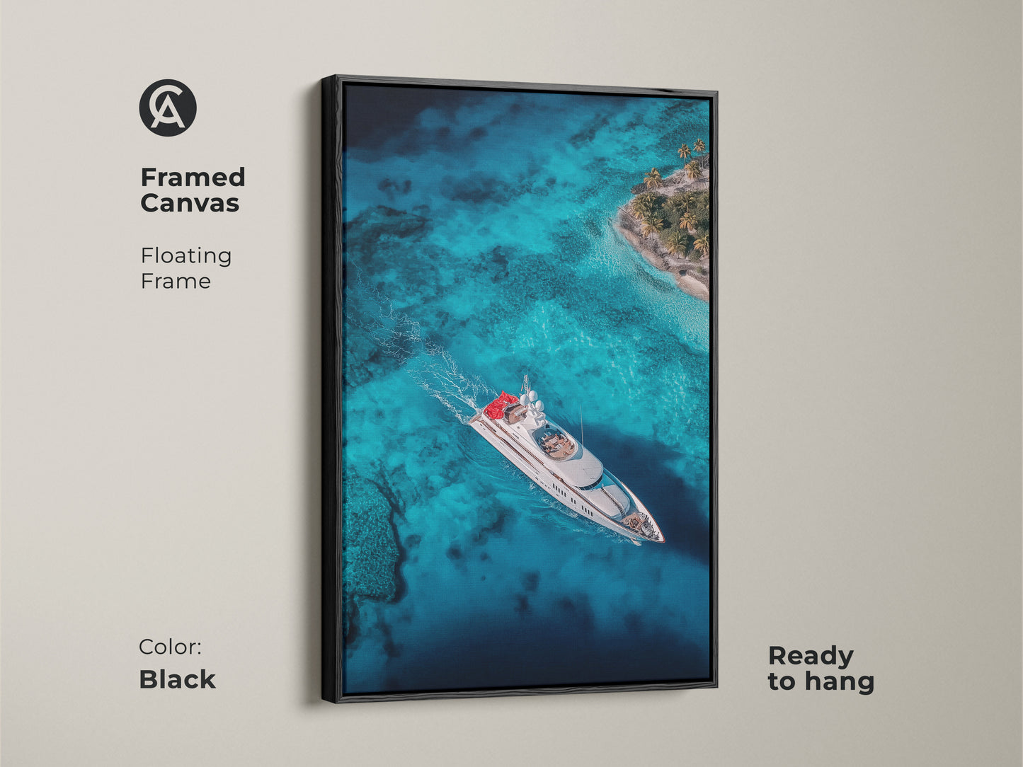 Black framed canvas artwork of a luxury yacht sailing on crystal turquoise waters near a tropical island. The floating frame enhances the art creating a sophisticated look. This ready-to-hang piece adds a nautical touch to any room. Ideal for those seeking elegant coastal-themed wall decor.