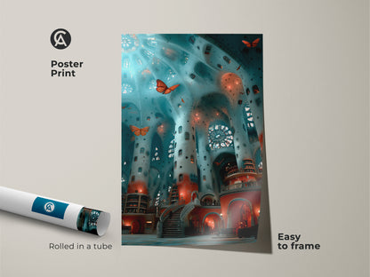 Elevate your home with framed fantasy interior wall art. This surreal architecture canvas art features a black floating frame adding sophistication. The butterfly art print blends teal blue and red. Perfect eclectic home office art that's ready to hang and impress all art lovers.