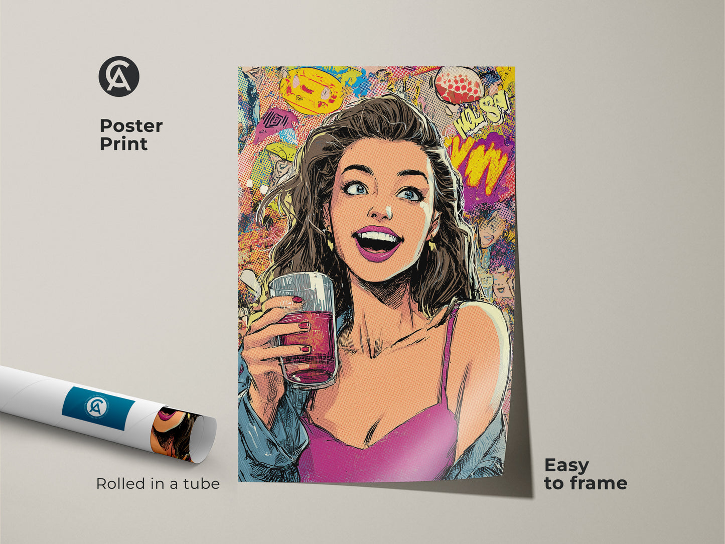 Pop art woman poster print rolled in a tube. Retro comic book wall art with a woman enjoying a drink. The magenta blue and yellow canvas adds an eclectic 80s aesthetic to your home. It is easy to frame and a unique gift for her.