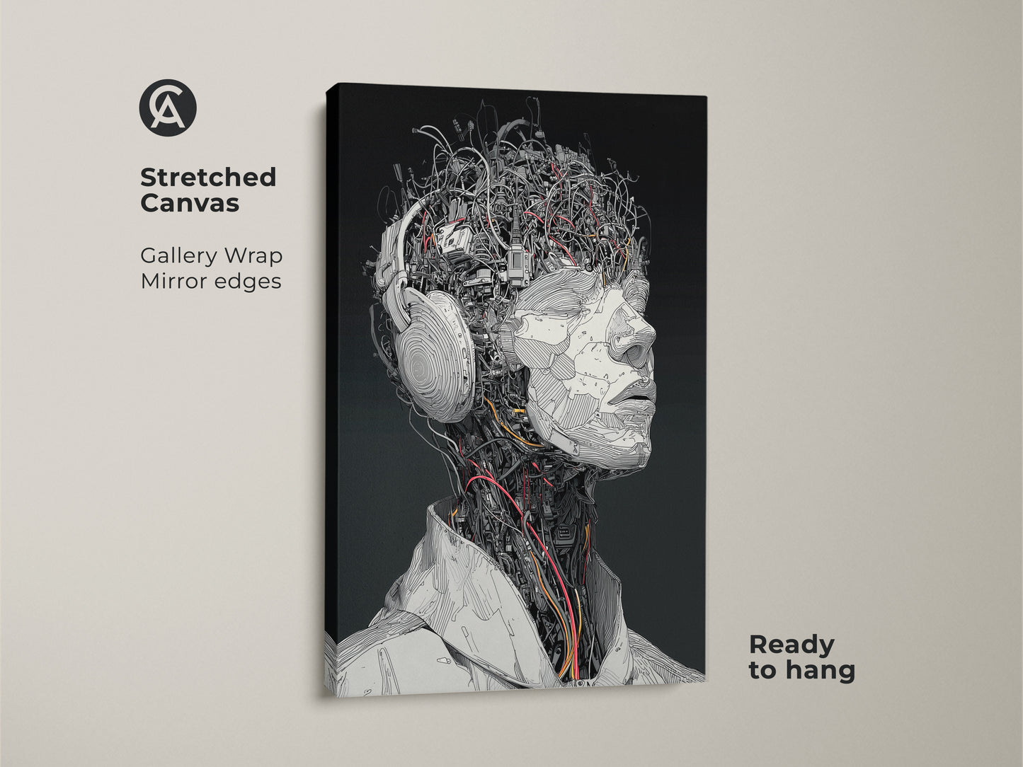 Stretched canvas artwork featuring a cyborg head with headphones. The gallery wrap and mirror edges give it a sleek look. It is ready to hang. The artwork has a dark background. This is ideal for modern art lovers.