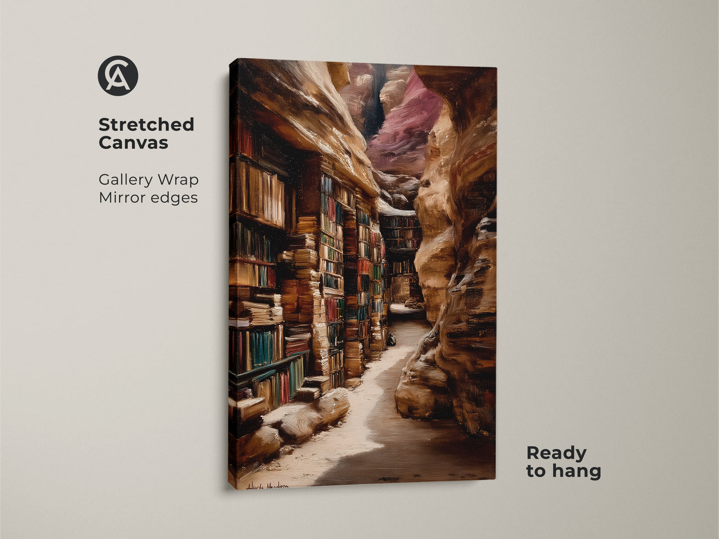 Discover this stretched canvas art featuring a canyon library. This oil painting style print suits a traditional study decor. It's a perfect gift for book lovers who admire realistic architecture. Ideal for a home office wall or reading nook. The artwork is rendered in tan and brown canvas.