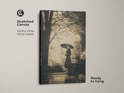 Stretched canvas art featuring a woman with an umbrella. The gallery wrap showcases mirror edges. This ready-to-hang artwork brings a vintage feel to your space. It is a high-quality stretched canvas for a sophisticated look.