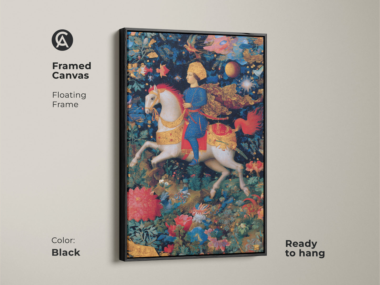 Framed canvas art featuring a renaissance knight on horseback. The black floating frame enhances this fantasy artwork. Mythology art in deep blue red and gold tones. Ready to hang and perfect for eclectic home decor. A regal knight artwork.