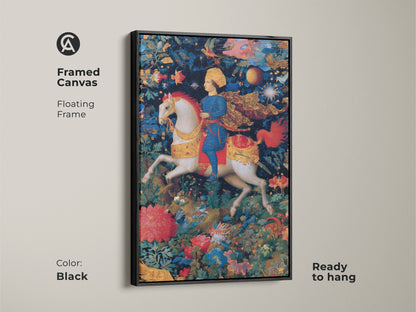 Framed canvas art featuring a renaissance knight on horseback. The black floating frame enhances this fantasy artwork. Mythology art in deep blue red and gold tones. Ready to hang and perfect for eclectic home decor. A regal knight artwork.
