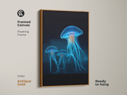 Framed canvas in antique gold displays bioluminescent jellyfish. The floating frame enhances the electric blue ocean artwork. This contemporary artwork is ready to hang and adds a touch of marine biology to any room.