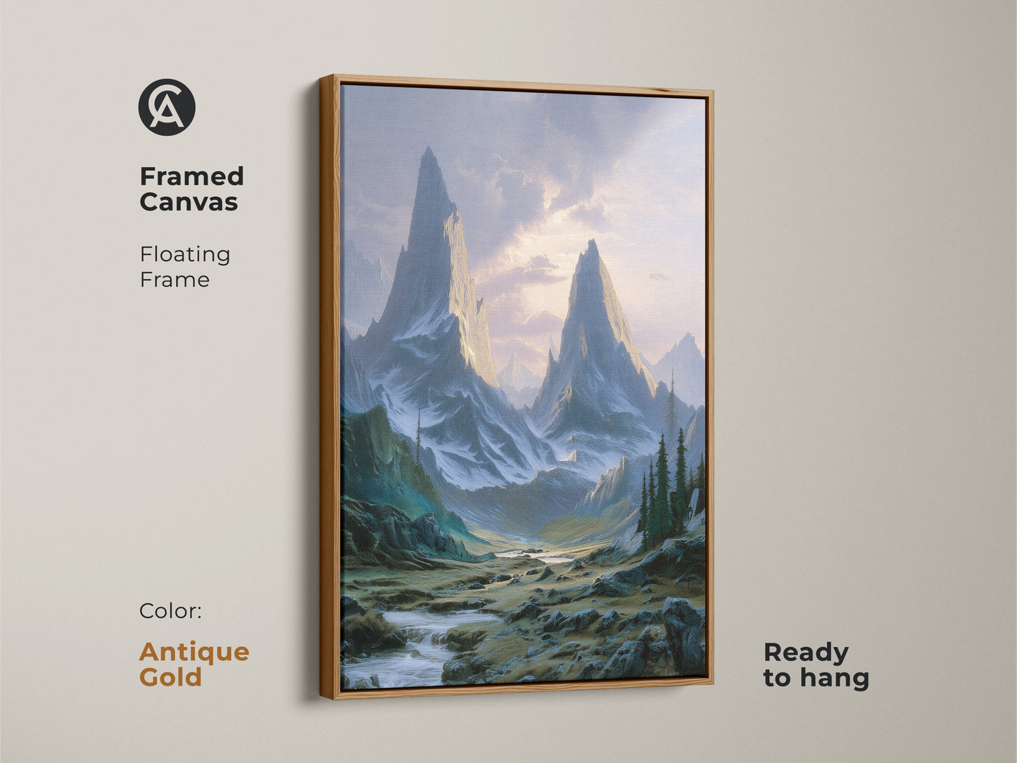 Mountain landscape artwork in a framed canvas with an antique gold floating frame. This teal green blue art print is ready to hang. Perfect for adding a touch of wilderness to any space.