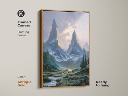 Mountain landscape artwork in a framed canvas with an antique gold floating frame. This teal green blue art print is ready to hang. Perfect for adding a touch of wilderness to any space.