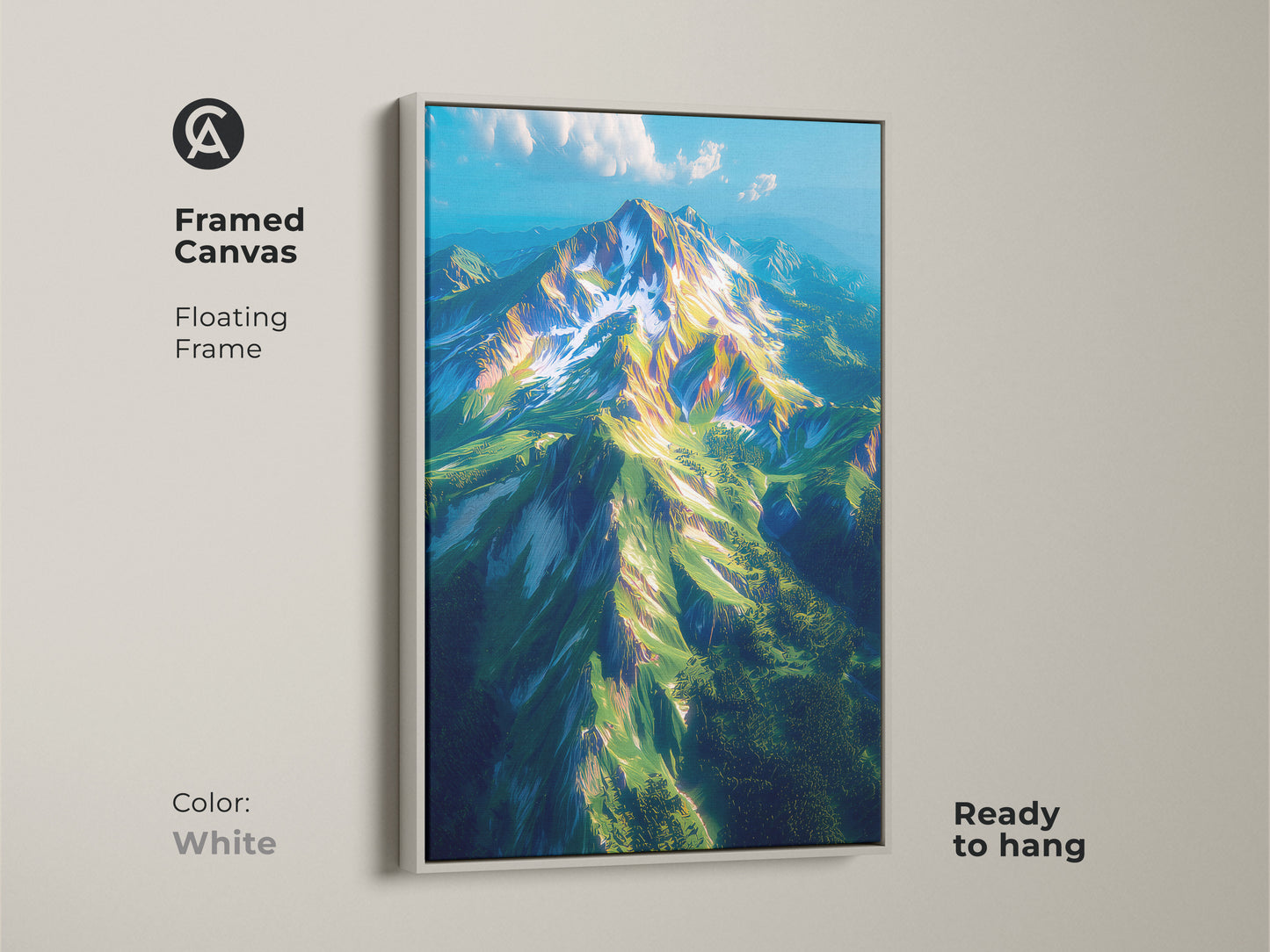 Framed canvas artwork featuring a breathtaking mountain. The white floating frame offers a clean and modern look. Ready to hang this artwork instantly elevates your space. The fine art print brings nature's beauty to your walls. Ideal for contemporary homes.