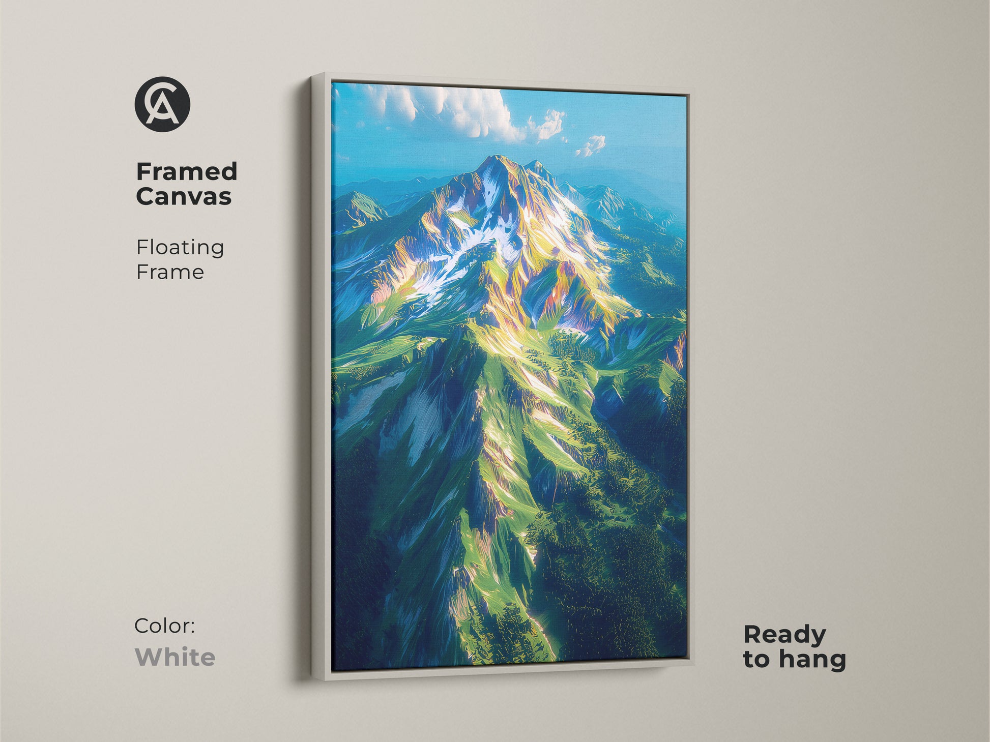 Framed canvas artwork featuring a breathtaking mountain. The white floating frame offers a clean and modern look. Ready to hang this artwork instantly elevates your space. The fine art print brings nature's beauty to your walls. Ideal for contemporary homes.