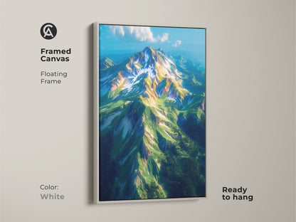 Framed canvas artwork featuring a breathtaking mountain. The white floating frame offers a clean and modern look. Ready to hang this artwork instantly elevates your space. The fine art print brings nature's beauty to your walls. Ideal for contemporary homes.