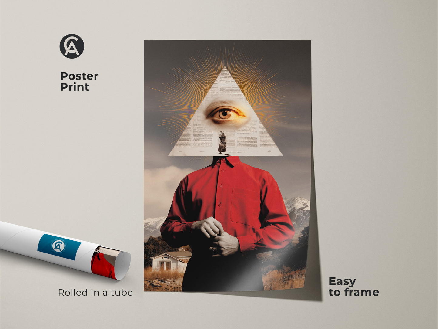 Poster print of surreal eye collage art rolled in a tube for easy framing. Red and gold landscape wall art ideal for eclectic decor. This symbolic triangle eye print is great conceptual artwork for a study. Get a unique surrealist wall hanging now