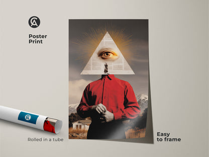 Poster print of surreal eye collage art rolled in a tube for easy framing. Red and gold landscape wall art ideal for eclectic decor. This symbolic triangle eye print is great conceptual artwork for a study. Get a unique surrealist wall hanging now