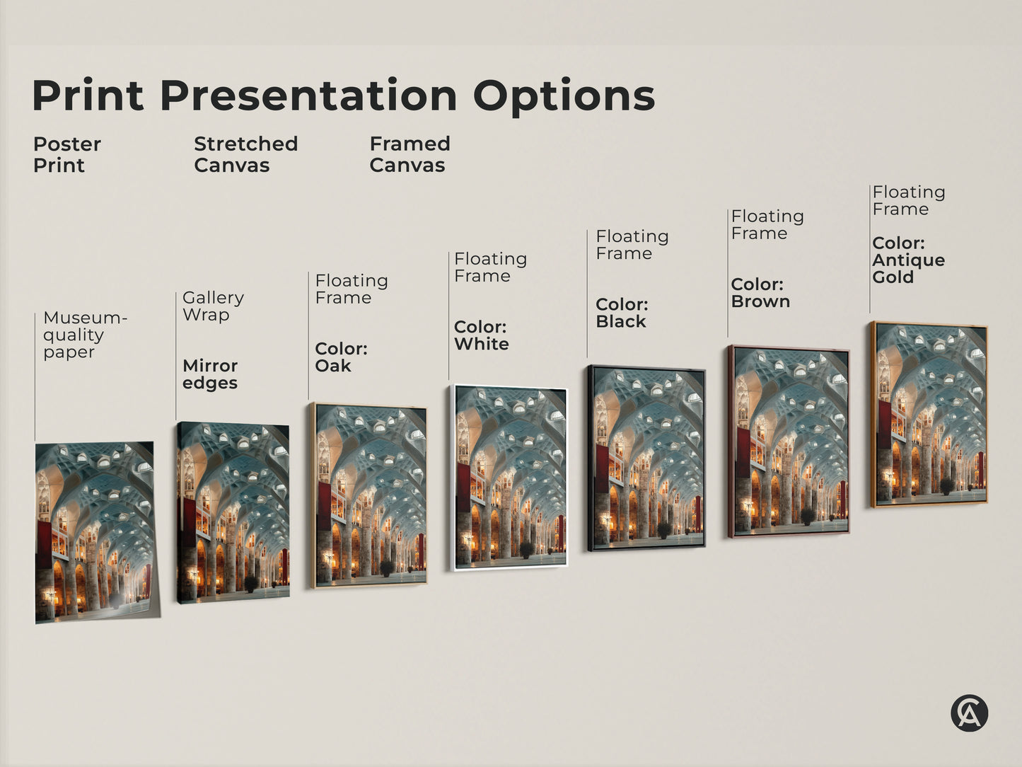 Print presentation options showcasing Gothic Arches Wall Art. Options include poster print stretched canvas and framed canvas. Each offers museum quality with gallery wrap and mirror edges. Floating frame colors include white black brown and antique gold.