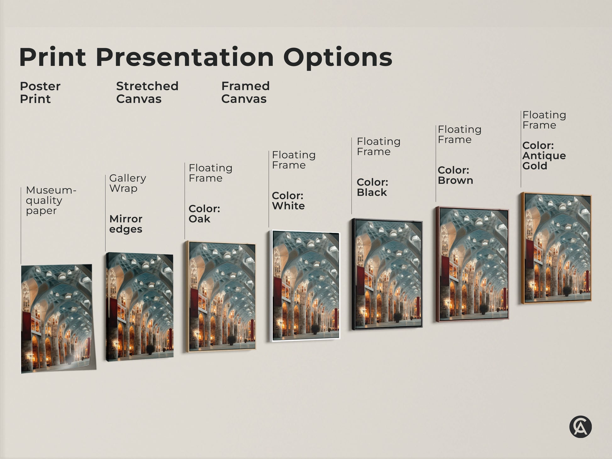 Print presentation options showcasing Gothic Arches Wall Art. Options include poster print stretched canvas and framed canvas. Each offers museum quality with gallery wrap and mirror edges. Floating frame colors include white black brown and antique gold.