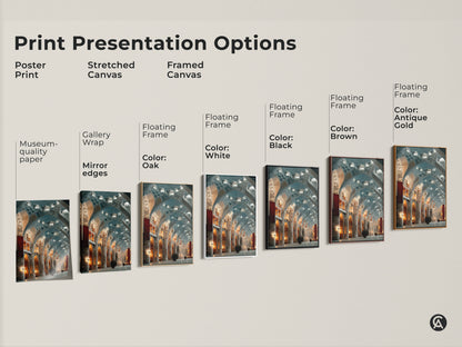 Print presentation options showcasing Gothic Arches Wall Art. Options include poster print stretched canvas and framed canvas. Each offers museum quality with gallery wrap and mirror edges. Floating frame colors include white black brown and antique gold.