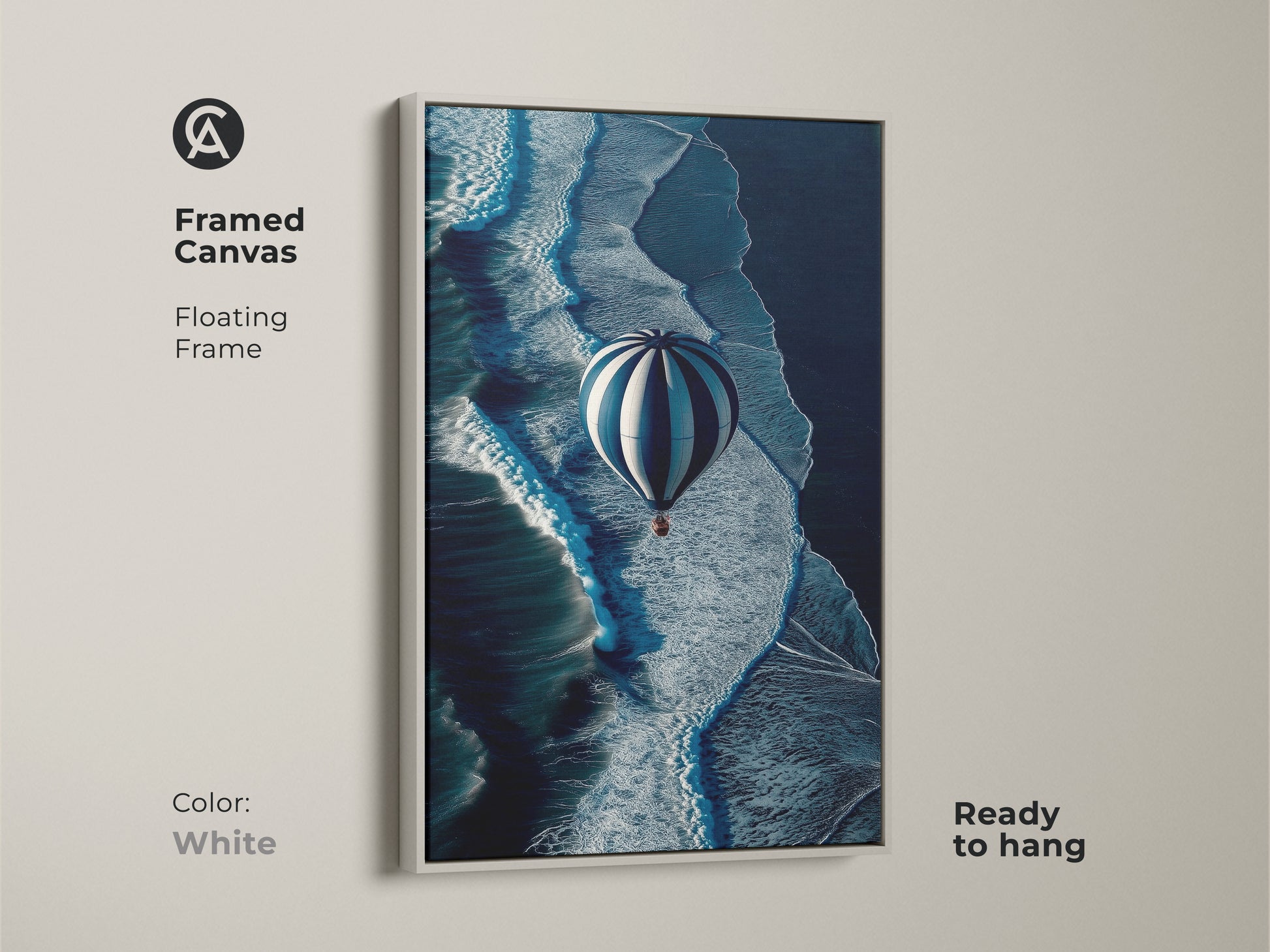 Experience this framed canvas of a hot air balloon over ocean waves with a white floating frame. This ready to hang contemporary travel artwork brings a minimalist touch to any room accentuating the serene navy blue and white seascape.