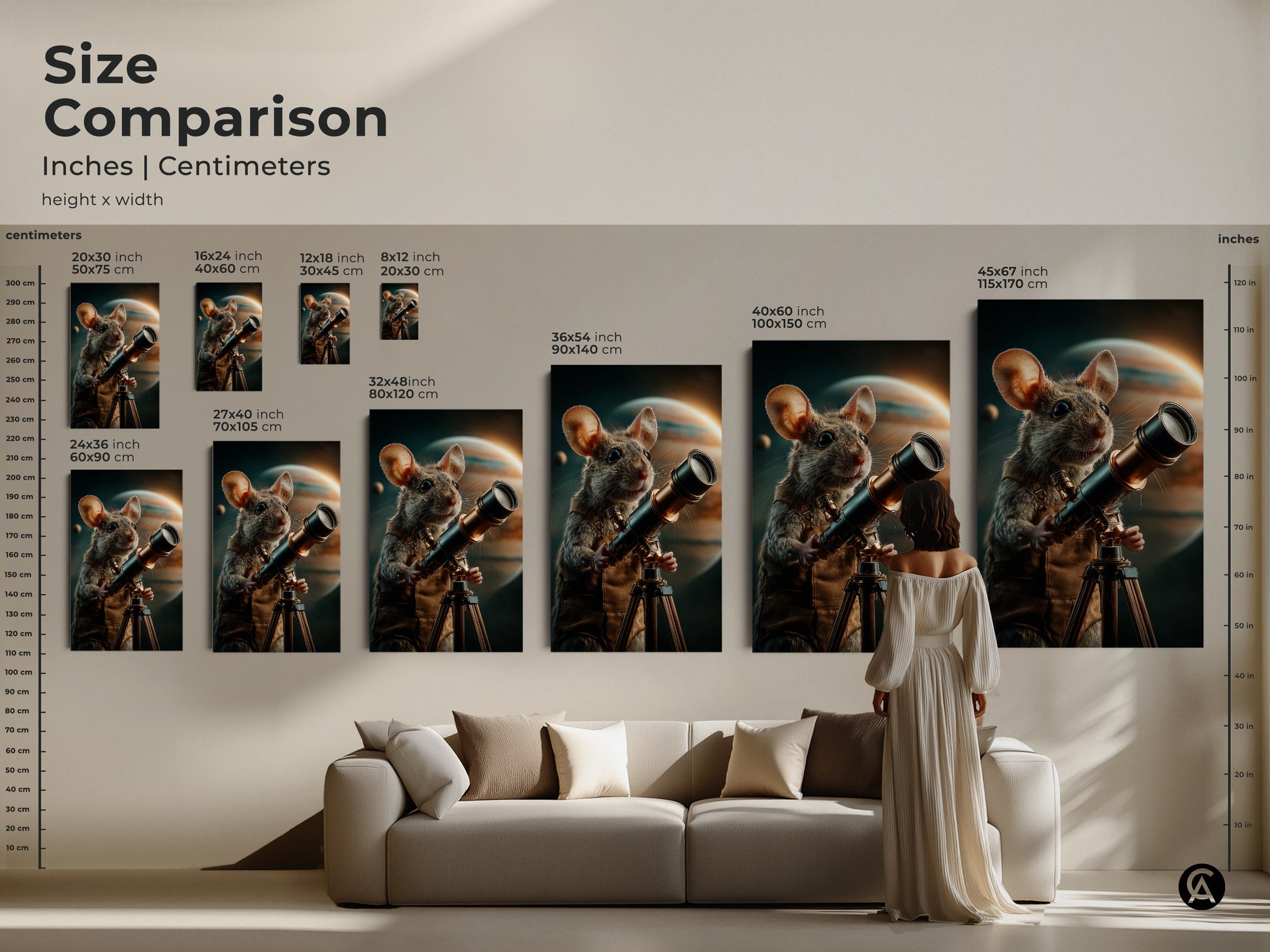 Size comparison of space exploration mouse art prints in inches and centimeters. A living room setting showcases various sizes of the art. The earthy brown gold and teal canvas artwork is great for eclectic living spaces. This vintage space poster makes a unique gift.