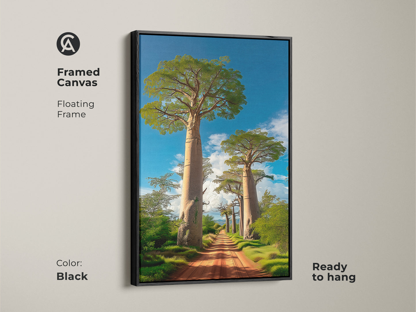 Framed canvas of a boho Baobab tree African landscape with a black floating frame. This nature artwork features a dirt road leading to Baobab trees under a blue sky. It is ready to hang and a safari landscape art.